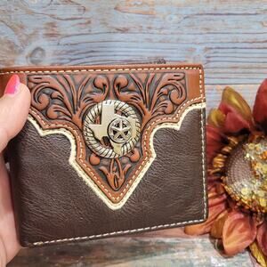 Texas Concho Mens wallet Western GENUINE LEATHER Short Bifold handtooled Brown